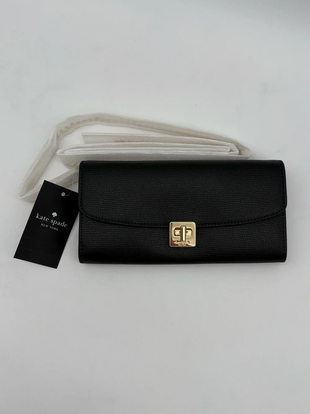 Kate Spade Phoebe Refined Grain Leather Turnlock Wallet On A Chain Black Gold